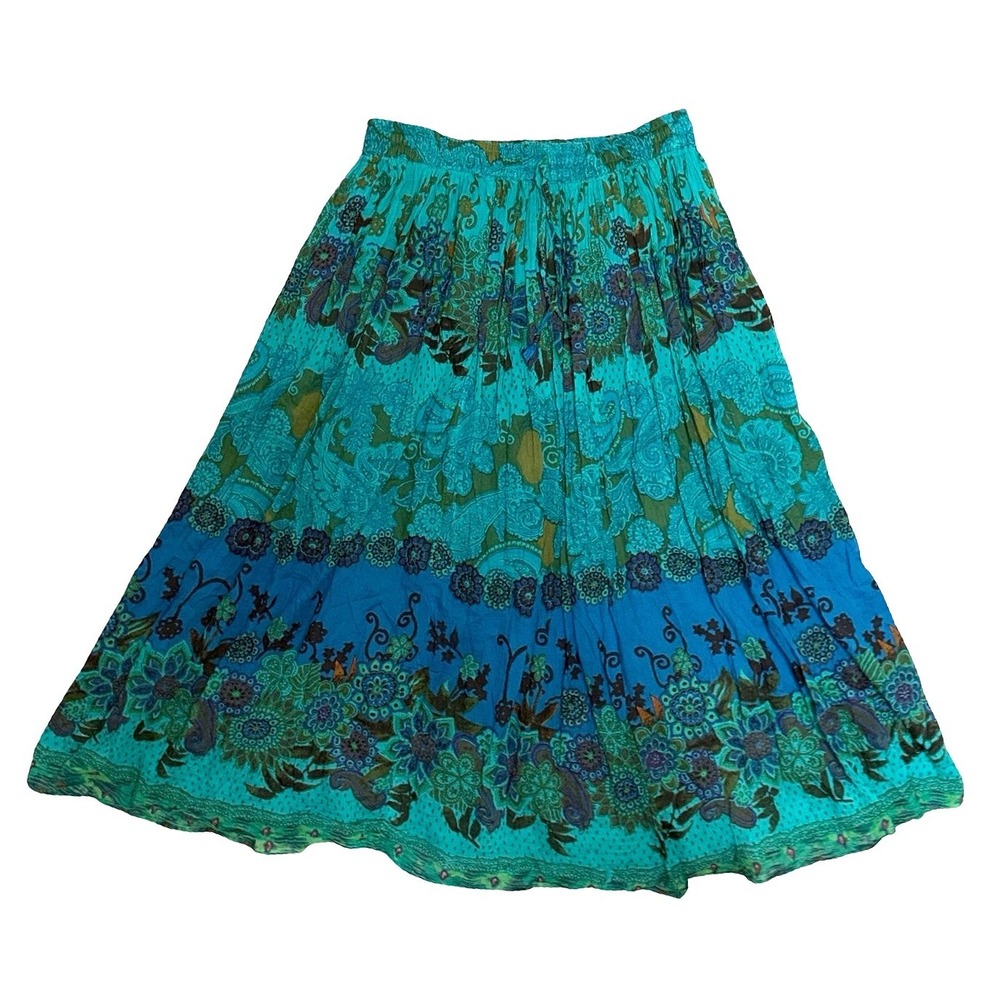 Take Two Clothing Co 90s/Y2K Turquoise Floral Cotton Midi Skirt Blue Boho Small